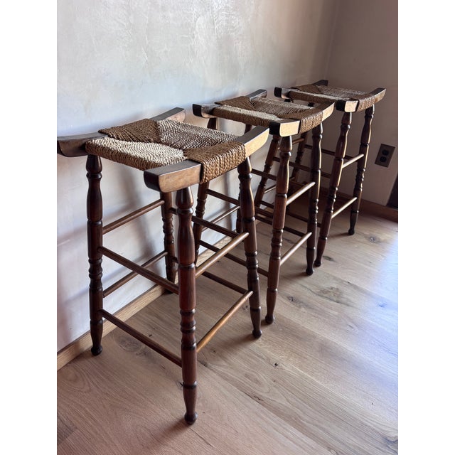 Set of 3 Mid Century Bar Stools Primitive Craft Movement Turned Walnut Bobbin Spindle Legs and Danish Cording Woven Seats For Sale - Image 10 of 13