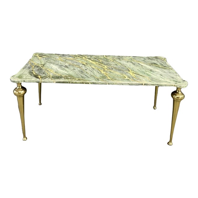 1960s Mid-Century Italian Coffee Table With Faux Marble Top and Brass Legs For Sale
