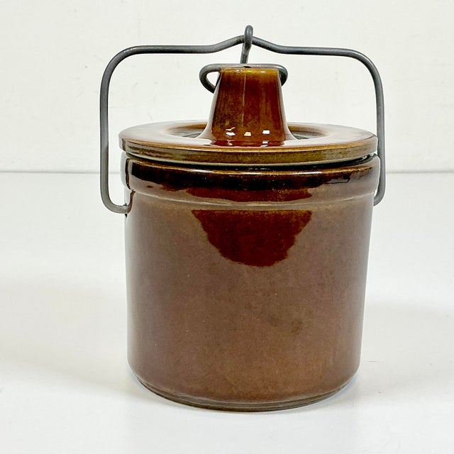 French Country Antique French Rustic European Medium Brown Glazed Crock With Steel Lid Lock. For Sale - Image 3 of 10