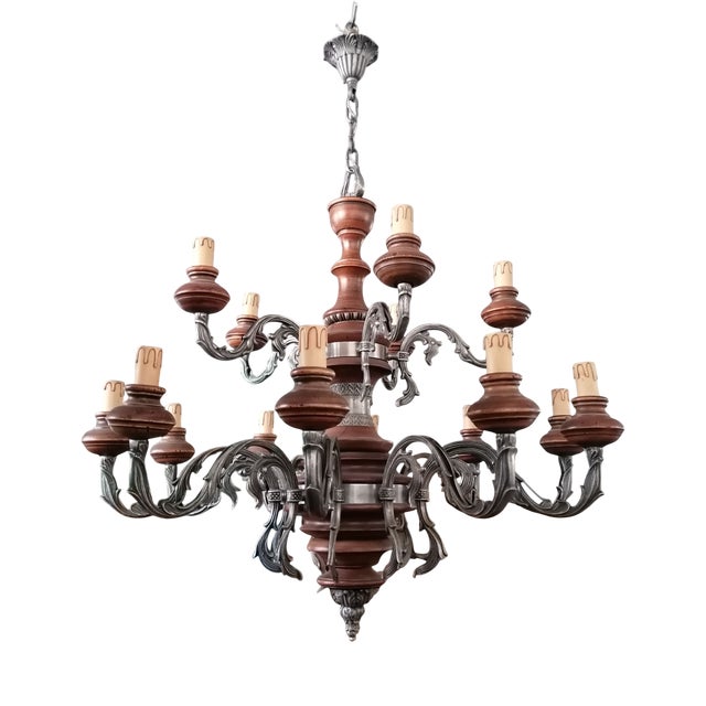 Baroque Style 15-Light Chandelier in Metal and Wood, 1950s For Sale