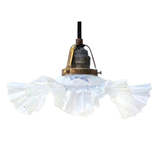 Metal Art Nouveau French Pearl Blue Glass Pendant Light, 1920s For Sale - Image 7 of 7