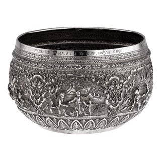 Antique 20th Century Burmese Repoussé Silver Jataka Tales Bowl, 1900s For Sale
