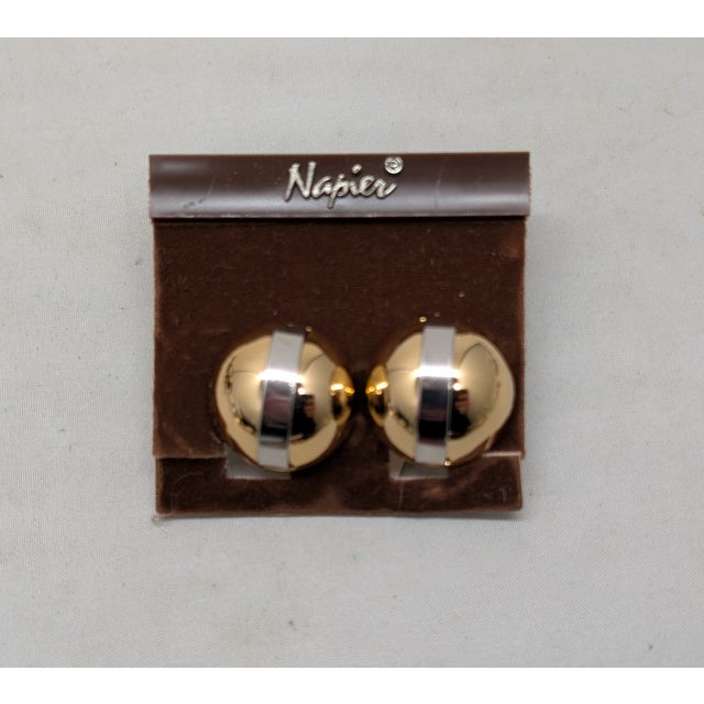 Metal Vintage Signed Napier Goldtone Round Domed Rhodium Plated Stripe Clip Earrings-2 Pieces For Sale - Image 7 of 7