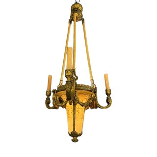 Antique Pendant Light in Gilt Bronze and Painted Glass, 1890s For Sale