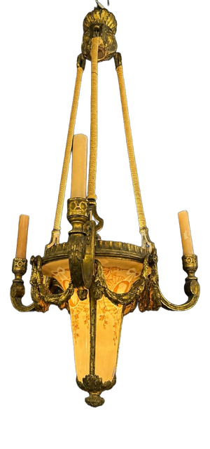 Antique Pendant Light in Gilt Bronze and Painted Glass, 1890s
