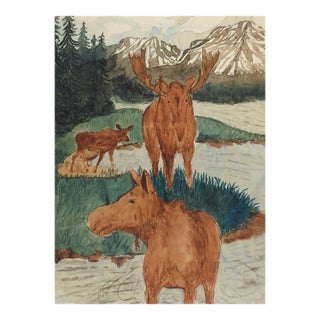 1940s Outsider Folk Art Moose and Mountains Painting For Sale