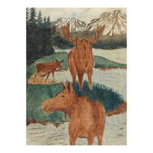 1940s Outsider Folk Art Moose and Mountains Painting