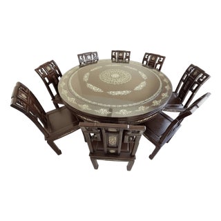 Vintage Chinese Dragon & Phoenix Banquet Suite – Exceptional Mother-of-Pearl Inlaid Dining Ensemble For Sale