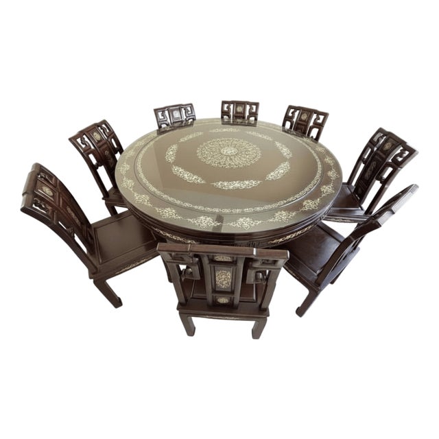 Vintage Chinese Dragon & Phoenix Banquet Suite – Exceptional Mother-of-Pearl Inlaid Dining Ensemble For Sale
