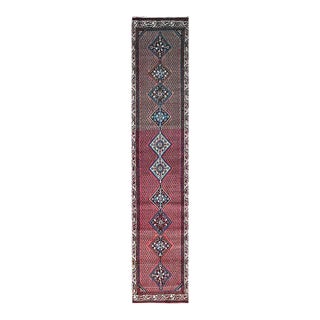 1960 2'6"x12'9" Red Rustic Look Vintage Persian Hamadan Hand Knotted Wool Runner Rug For Sale