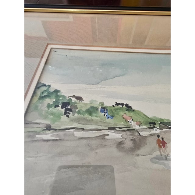 A very fine pre mid century modern era impressionist watercolor painting depicting a glorious beach scene. Having happy...