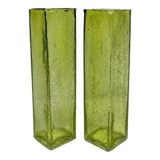 Art Glass MCM Pale Yellow Green Crackle Glass Rectangular 10" Vintage Vases-Pair For Sale