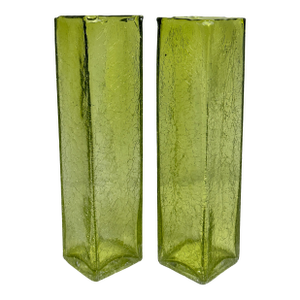 Mid 20th Century Art Glass Pale Yellow Green Crackle Glass Rectangular Vases - a Pair