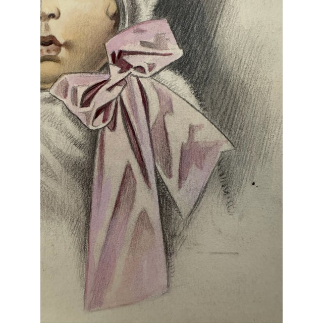 American 1940s Original Graphite Illustration of Child in Winter Bonnet With Pink Ribbon, 10.5 × 8 In. For Sale - Image 3 of 6