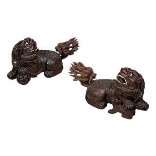 Chinese Export, Opposing Foo Dogs, Solid Teakwood, Glass, China, 19th C. For Sale