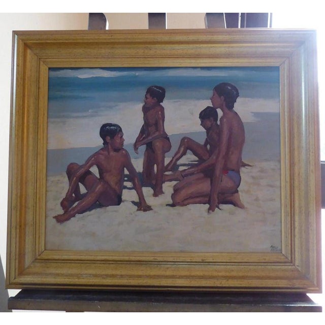 Pablo Matania “Boys on the Beach” Oil on Canvas, circa 1970s Material: Oil on canvas A charming figurative beach scene by...