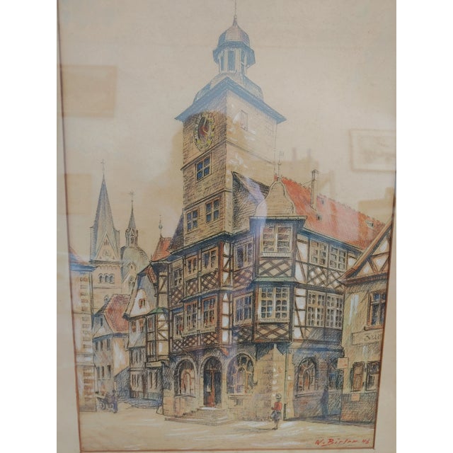 Here's a pair of Post WWII framed pencil drawings depicting German cityscapes and signed W. Bieler '46. The buildings are...