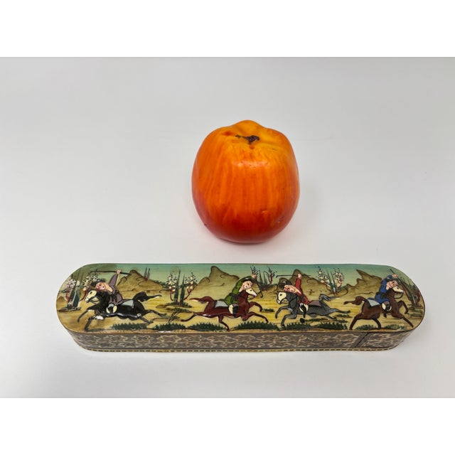 Khatam Marquetry Qalamdan Pen Box With Hand-Painted Equestrian Miniature 1940s For Sale - Image 13 of 13