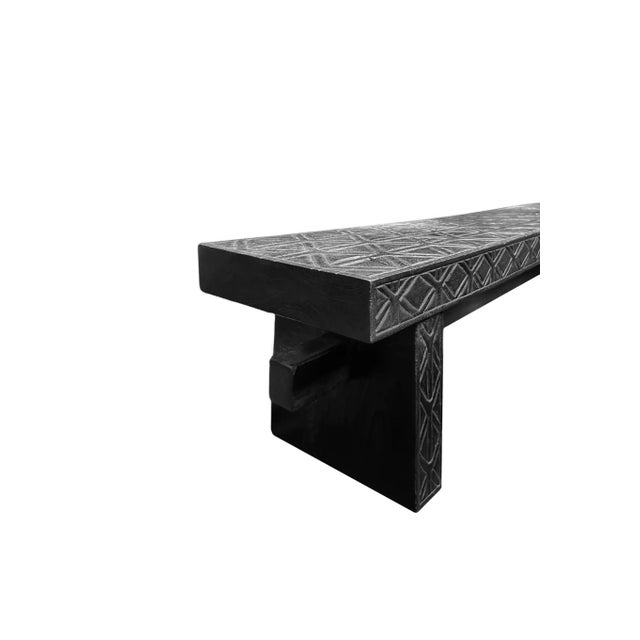 Black Sculptural Mango Wood Bench, Carved Detailing, Burnt Finish Modern Organic For Sale - Image 8 of 8