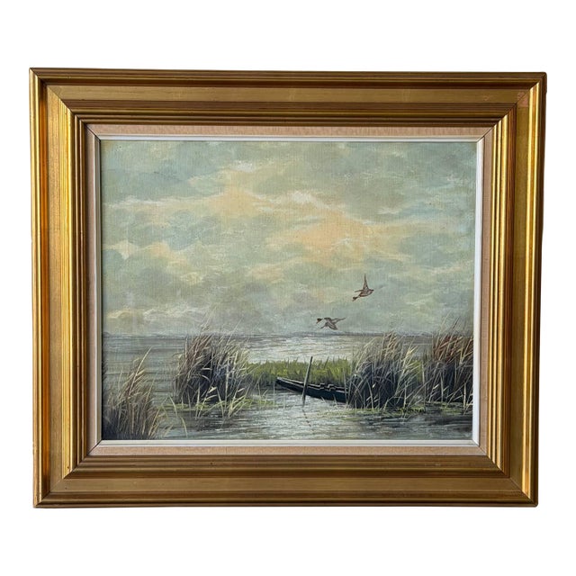 Vintage European Marsh Landscape Oil Painting, Gilt Frame, 1960s For Sale