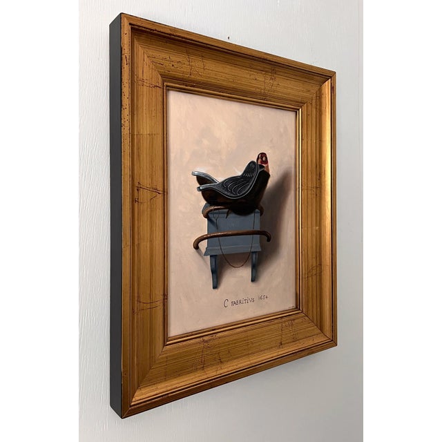 Realism The Silver Finch by Patrick Nevins | Oil On Board Painting of a finch on a blue pedestal For Sale - Image 3 of 3