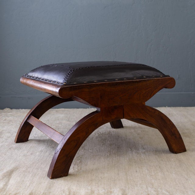 Leather and Rosewood X Frame Ottoman or Footstool With Brass Nailhead Trim For Sale - Image 10 of 13
