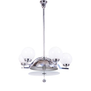 Bauhaus Chandelier in Chrome-Plated Steel and Opaline Glass, Czech, 1930s For Sale