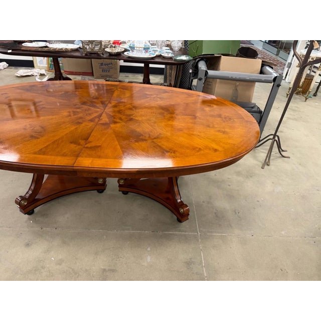Brown Vintage Neoclassical Regency Style Cherry and Burl Wood Pedestal Oval Dining Table With 2 Leaves For Sale - Image 8 of 16