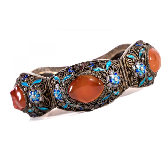 Large 8" Chinese Silver Filigree Bracelet With Carnelian and Enamel, 1930s–40s Export For Sale - Image 11 of 11
