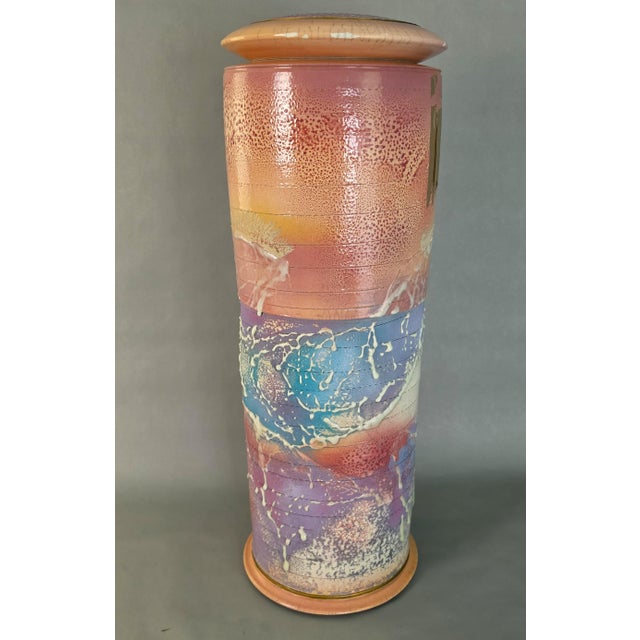 Peach Monumental 25" Steven Forbes-deSoule Ceramic Lidded Urn Vase 1988 For Sale - Image 8 of 16