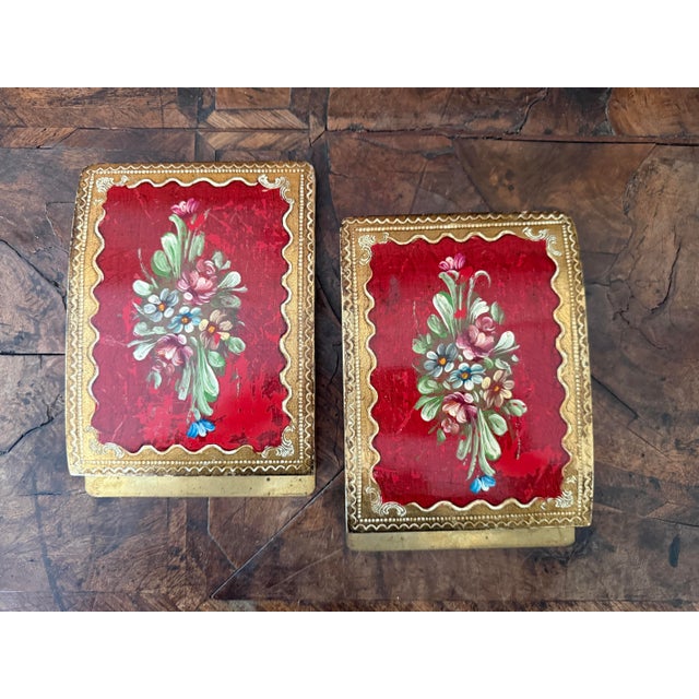1960s Pair of Italian Florentine Hand-Painted Red Floral Bookends by G. Serraglini Firenze For Sale - Image 12 of 12