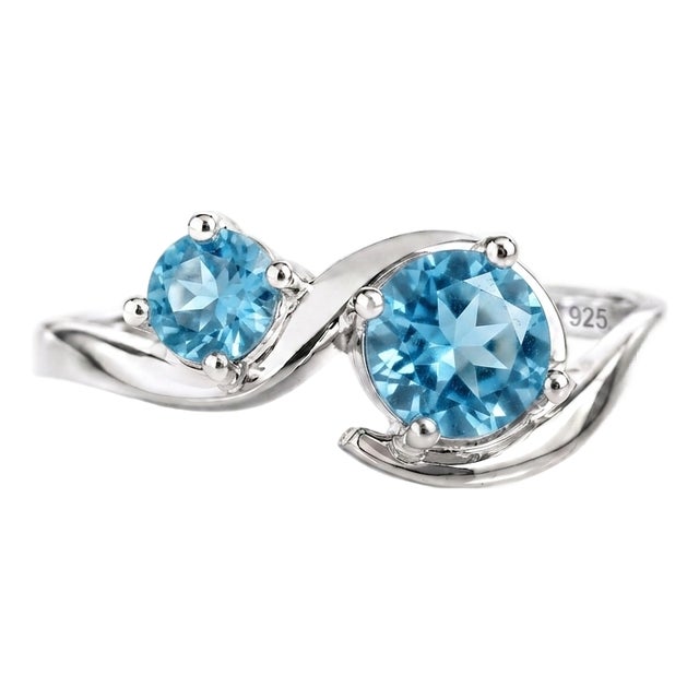 Swiss Blue Topaz Two Stone Ring | 925 Sterling Silver Bypass Ring | December Birthstone Toi Et Moi Ring Us 7 For Sale