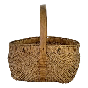 Antique Primitive Round Buttocks Woven Egg Basket With Bent Wood Handle