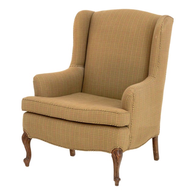 Queen Anne Style Beige Plaid Upholstered Wingback Arm Chair For Sale