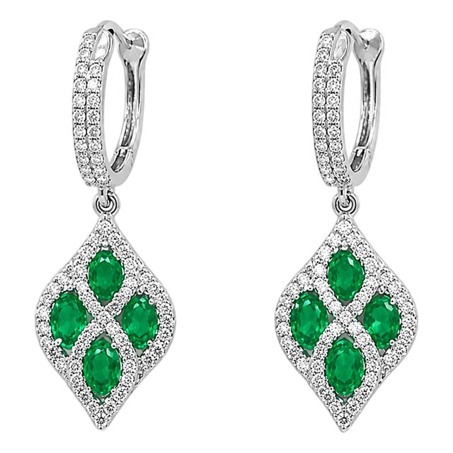 Late 20th Century 14K White Gold Diamond Emerald Drop Dangle Earrings, Pair For Sale