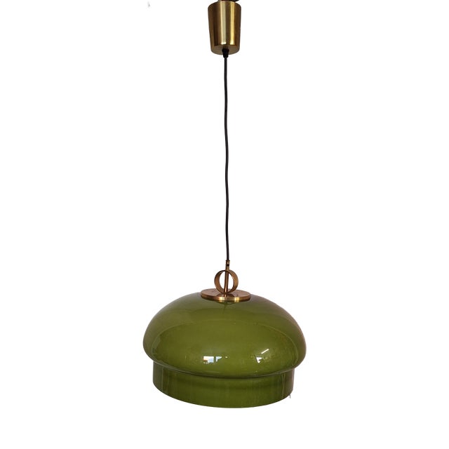 Vintage Ceiling Lamp with Green Cased Glass Shade, 1970s For Sale