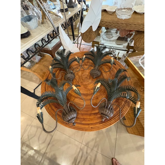 Vintage Pair Palm Tree Frond Leaf Wall Light Sconces Metal Tole Tropical Coastal For Sale - Image 9 of 9