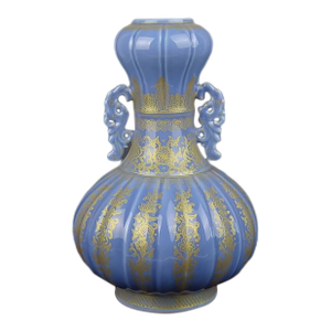 1900s Chinese Porcelain Qing Dynasty Qianlong Marked Blue Ground Gold Decoration Garlic Head Vase