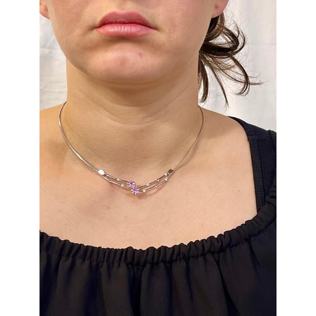 14 Karat White Gold Omega Necklace with Pink Sapphire and Diamonds, Italy For Sale - Image 13 of 18