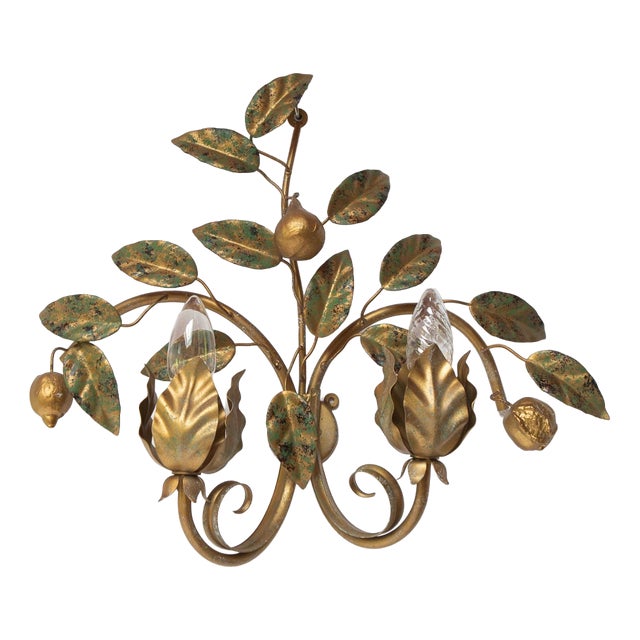 Large Italian Gilt Metal Wall Sconce with Leaves and Fruit, 1980s For Sale