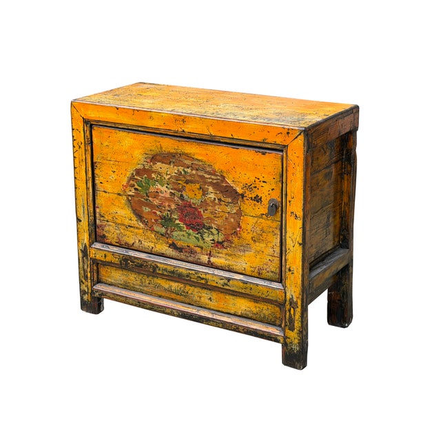 Distressed Yellowish Floral Graphic Mid Size Credenza Sideboard Cabinet For Sale - Image 4 of 10