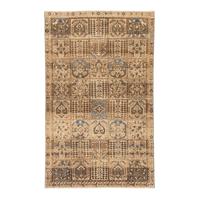 Vintage Hand-Knot Wool Grid Motif Area Rug in Earthy Tones & Slate Blue Accents For Sale