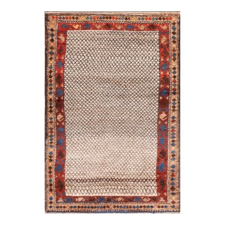 1890s Ivory Geometric Tribal Antique Nw. Persian Carpet 3' 4" X 5' Handknotted Wool Rug For Sale