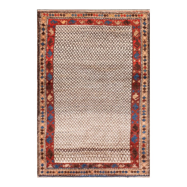 1890s Ivory Geometric Tribal Antique Nw. Persian Carpet 3' 4" X 5' Handknotted Wool Rug For Sale
