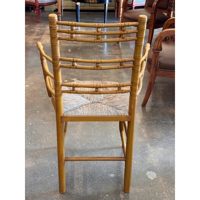Tan 19th Century Pair of Painted Faux Bamboo Armchairs With Rush Seats For Sale - Image 8 of 10