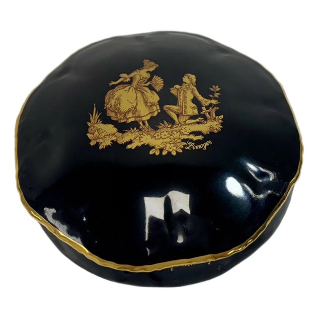Vintage Limoges Porcelain Black and Gold Trimmed Jewelry/Trinket Box For Sale