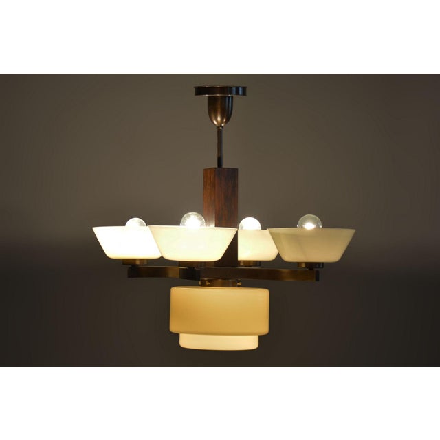 Brown Art Deco Chandelier in Oak, Brass, and Opaline Glass, Czech, 1920s For Sale - Image 8 of 10