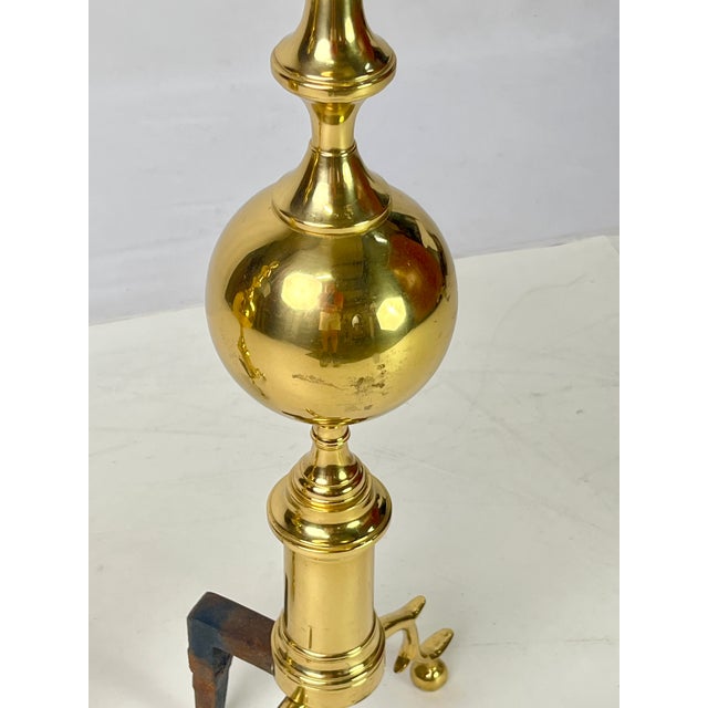 Vintage Tall Polished Brass & Cast Iron Ball Top Andirons - Pair For Sale - Image 14 of 14