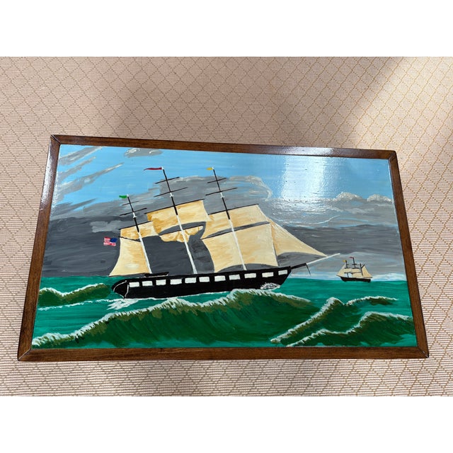 Hand made sea chest, hand painted by the artist, depicting classic vessels from the age of sail. Made of select pine wood,...