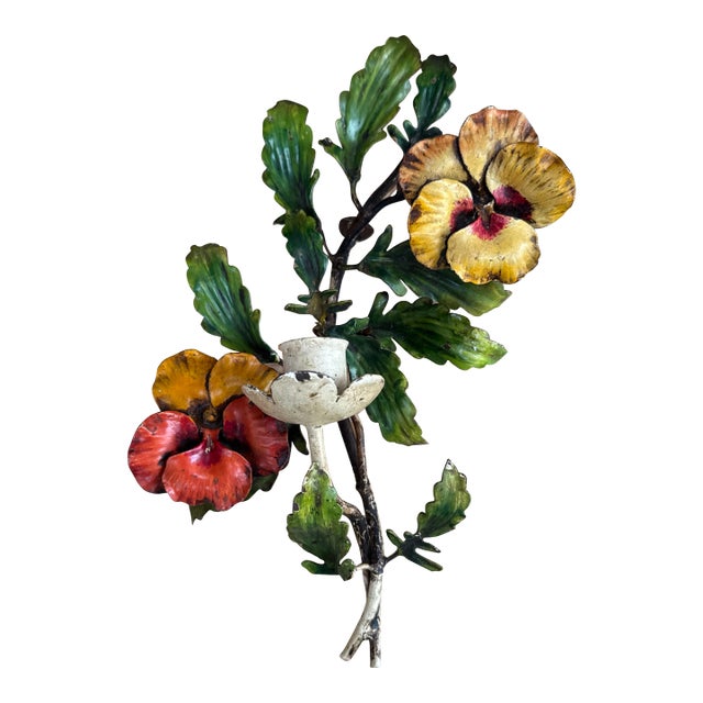 Midcentury Italian S. Salvadori Hand Painted Tole Candle Sconce With Pansy Motif For Sale